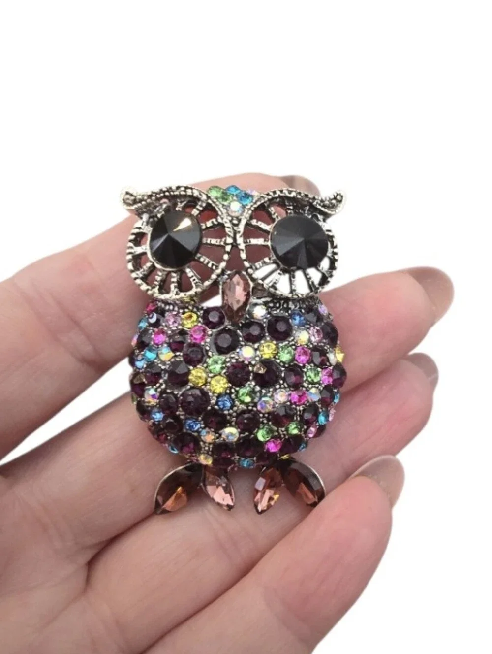 Vintage Style Multicolor Crystal Owl Brooch Pin In EUC